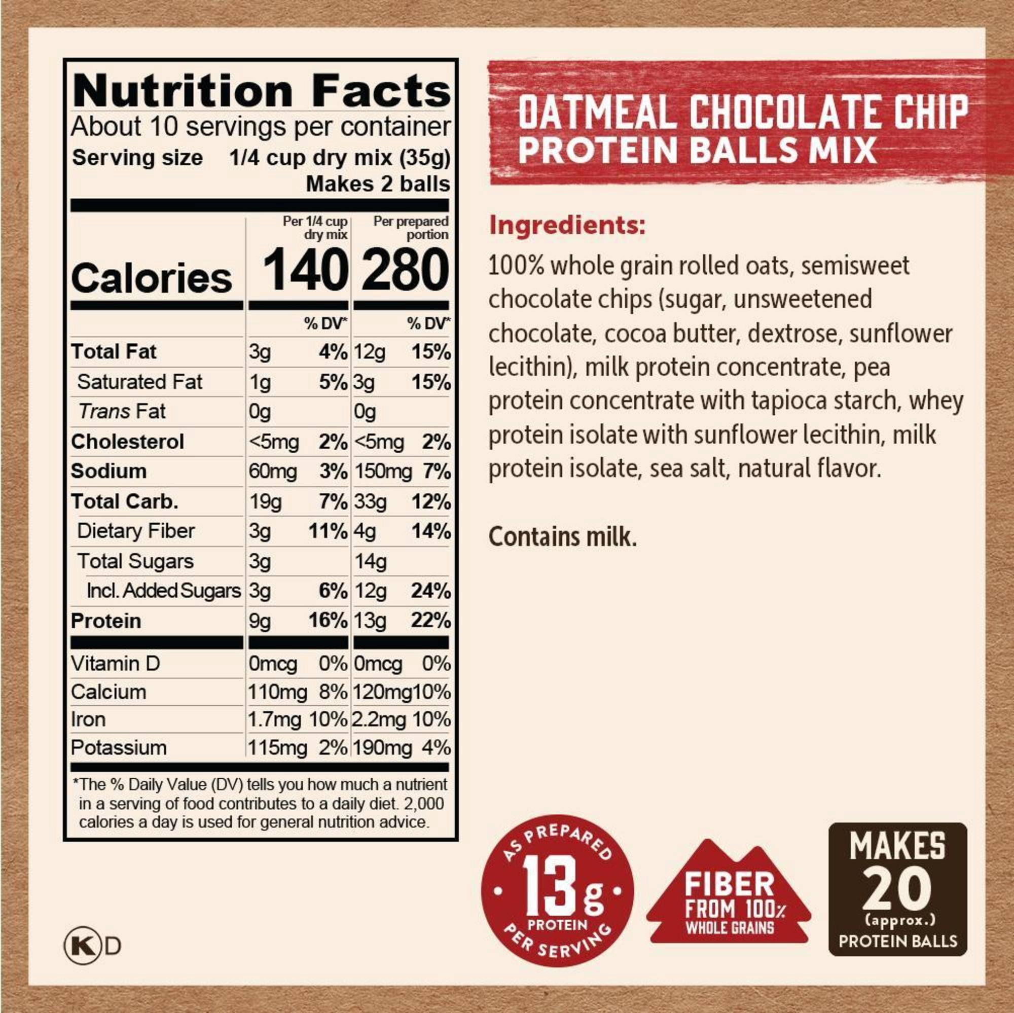 (3 pack) Kodiak Protein-Packed Oatmeal Chocolate Chip No-Bake Protein Ball Mix, 12.7 oz Box