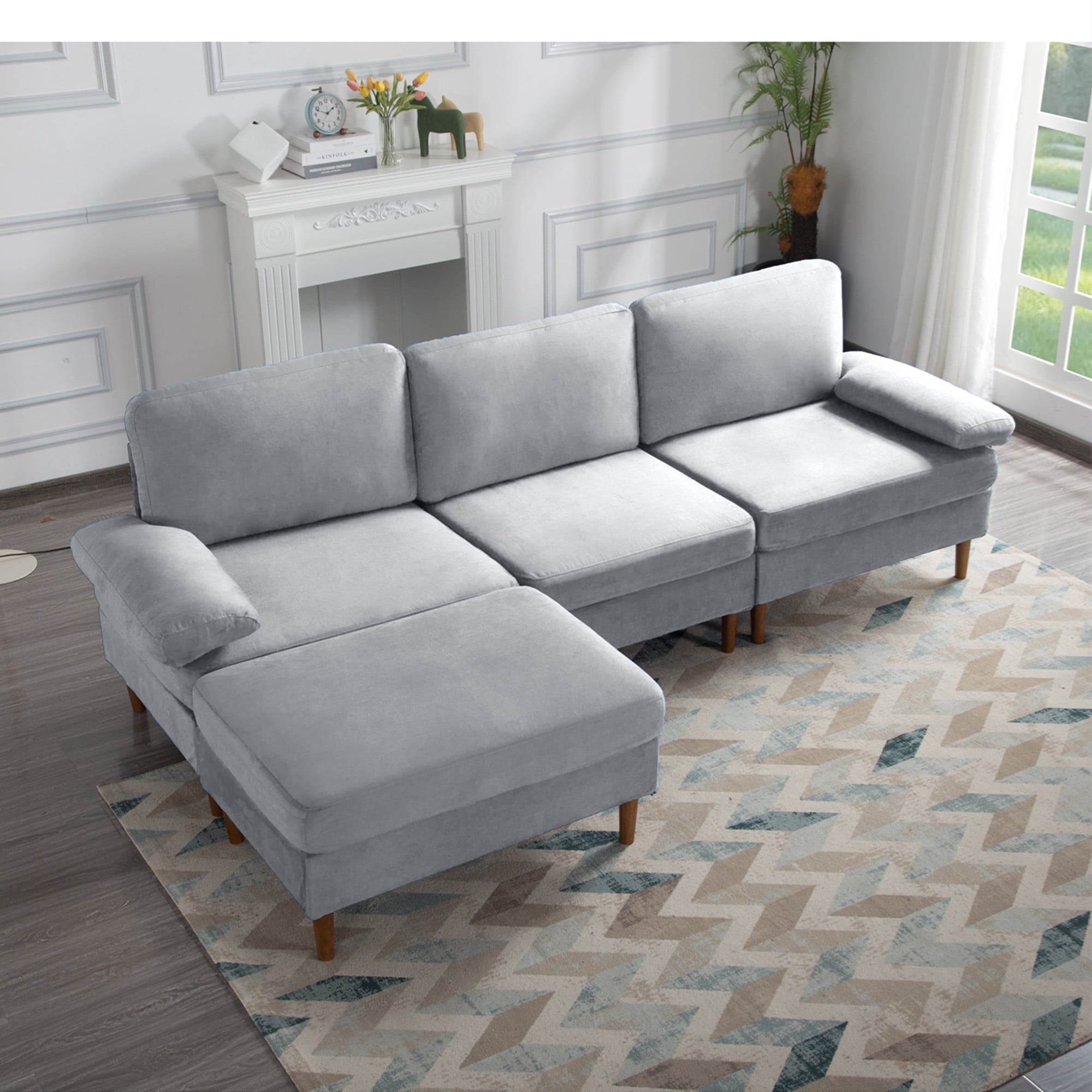 Aukfa 100" Velvet Sectional Sofa Modular Couch with Chaise for Living Room, Gray