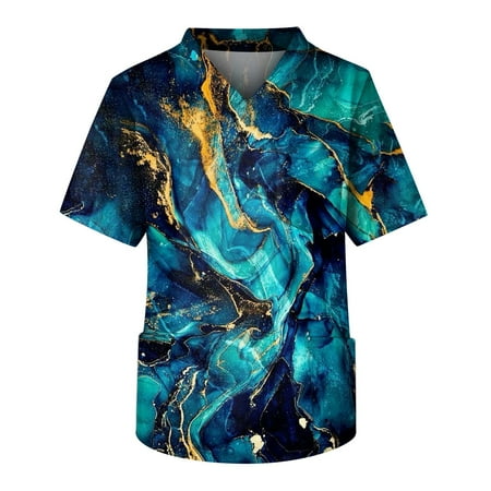 

HHei_K Scrubs Men Men s Printing Short Sleeve V-neck Working Blouse Chest Pocket Carer Top