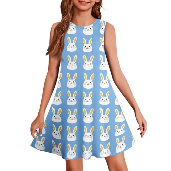 LTTVQM Girls Easter Dress Egg Bunny Print Funny Sleeveless Sundress Comfortable Round Neck Midi Dress Lightweight A-Line Dresses Blue 3-4 Years
