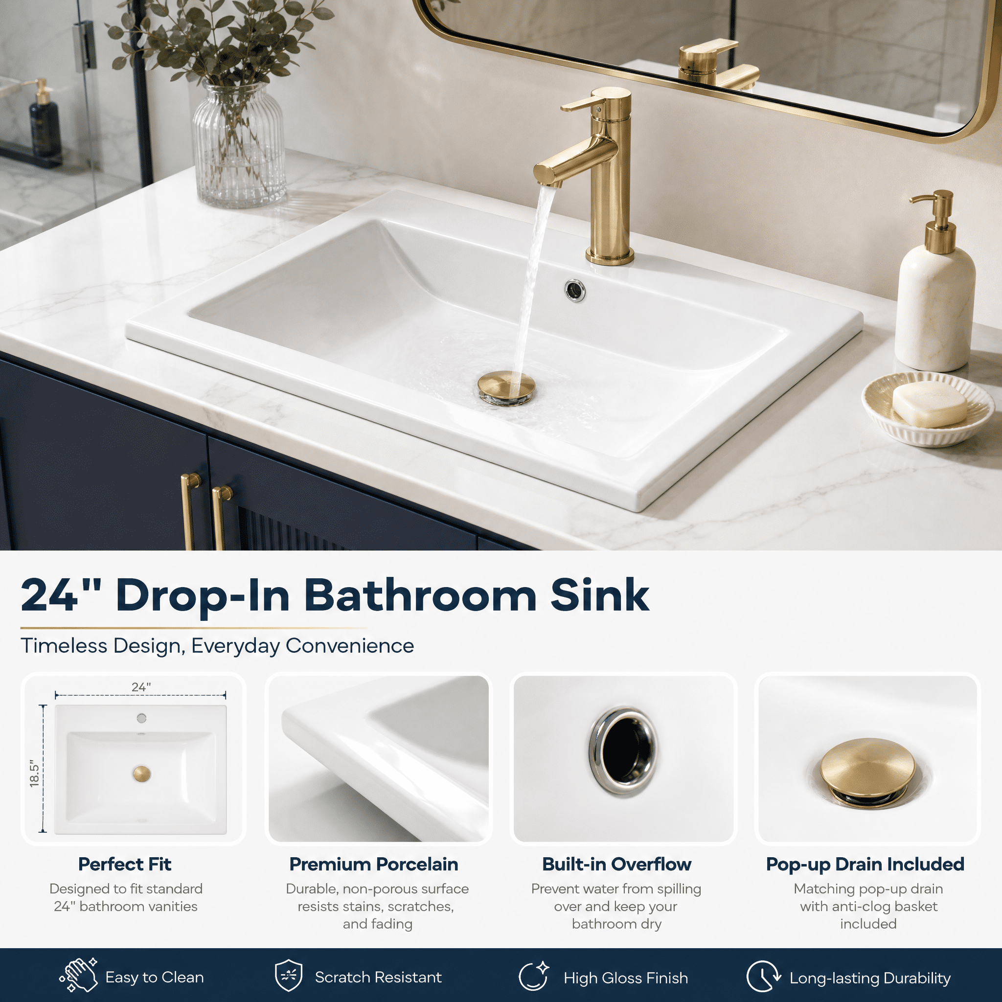 24″W x 18″D Drop In Bathroom Ceramic Vessel Sink with Single Hole, White Rectangle Porcelain Vanity Top Mount with Overflow for Bathrooms Replacement