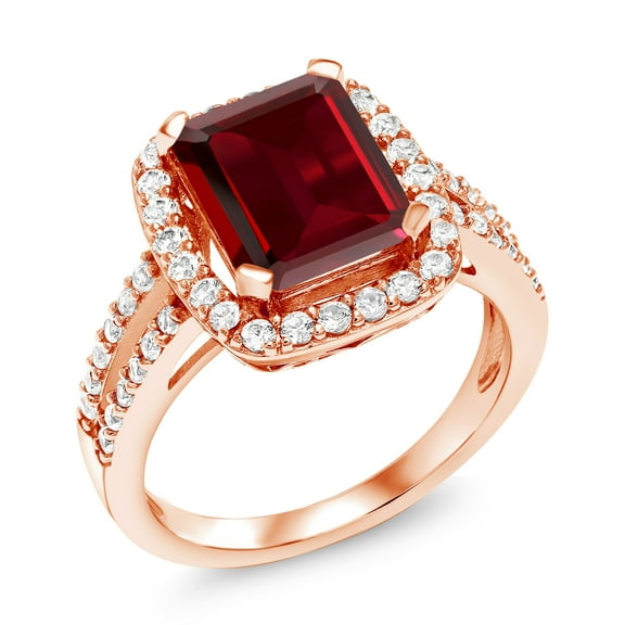 Gem Stone King 4.52 Ct Emerald Cut Red Garnet 18K Rose Gold Plated Silver Ring (Size 9)