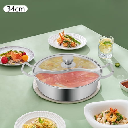Double Flavor Hot Pot 7L Stainless Steel Dual Sided Hotpot with Divider for 6-8 Persons, 3-Ply Bottom Induction Compatible Shabu Shabu Pot with Glass Lid