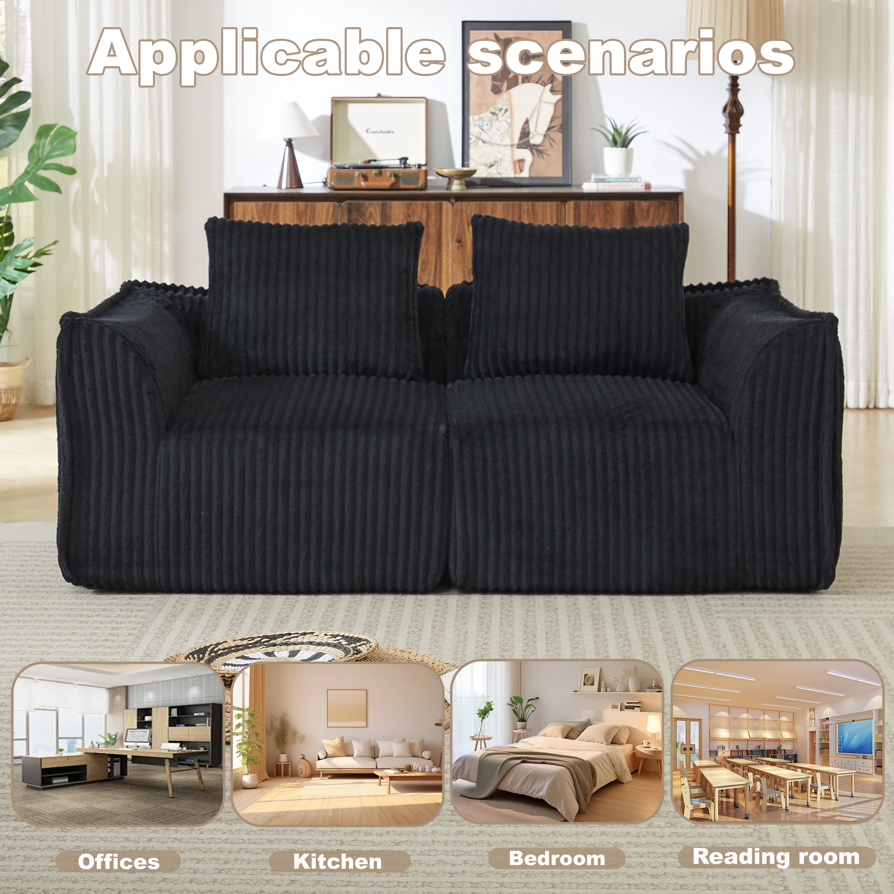 Leumius Corduroy Sofa for Living Room, Boneless Loveseat Couch with Gently Sloped Backrest and 2 Pillows,No Assembly,Black(2 Seat)