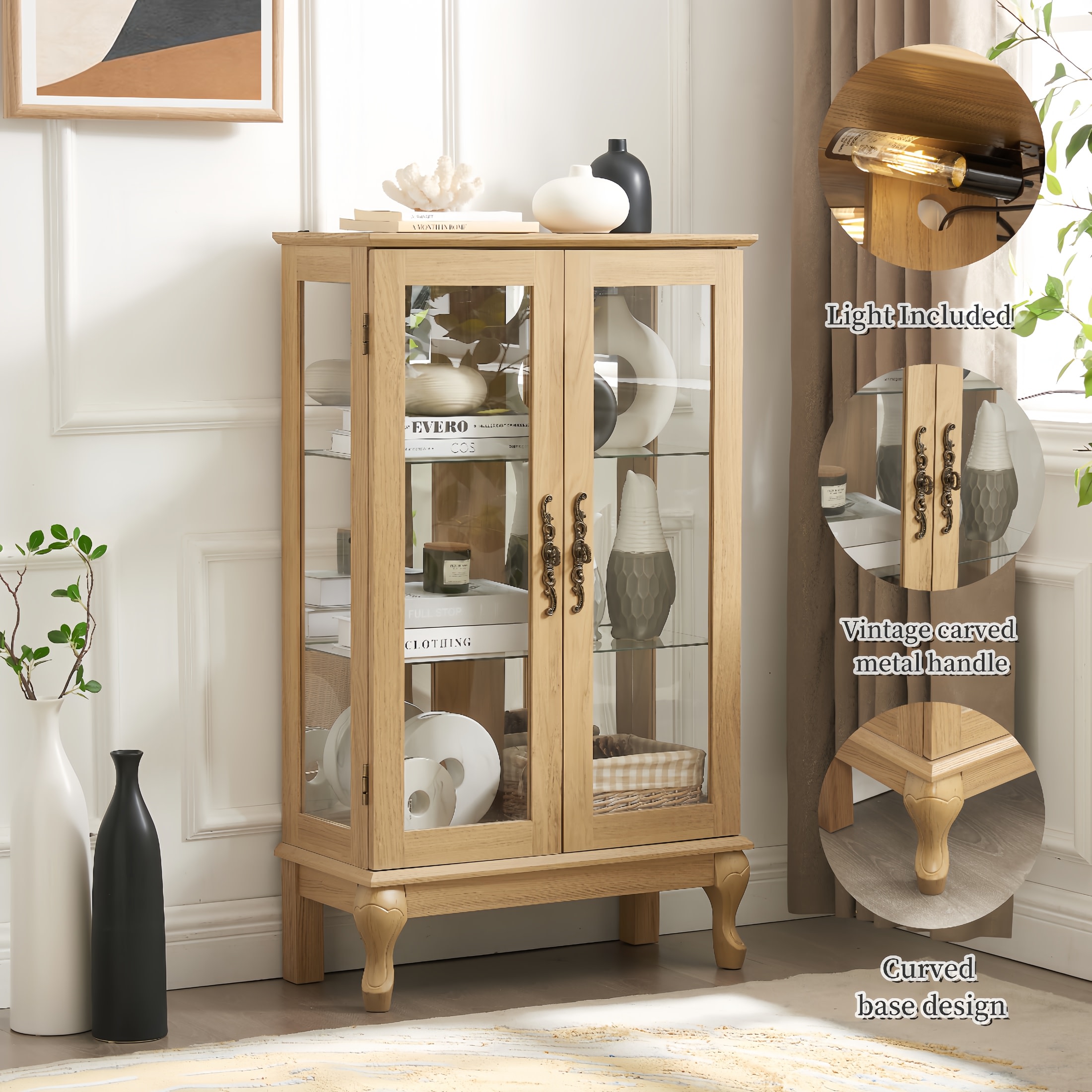 Noble House Elshore Lighted Curio Cabinet, 2-Door Glass Display with Mirrored Back, Adjustable Shelves, Light Oak