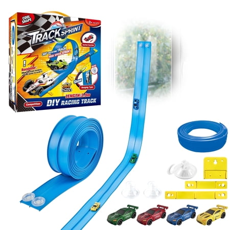 KAIPARA Race Track Toy for Kids, 12.8ft Flexible Car Track Set with 360° Rotating Track, 4 Pull-Back Cars & Suction Cups, Portable Race Car Play Set, Gift for Boys and Girls Ages 3+, Blue