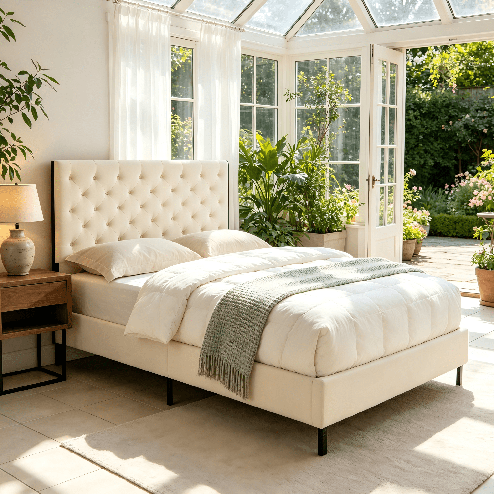 AC Pacific Modern Chic Polyester Beige Tufted Full Platform Bed