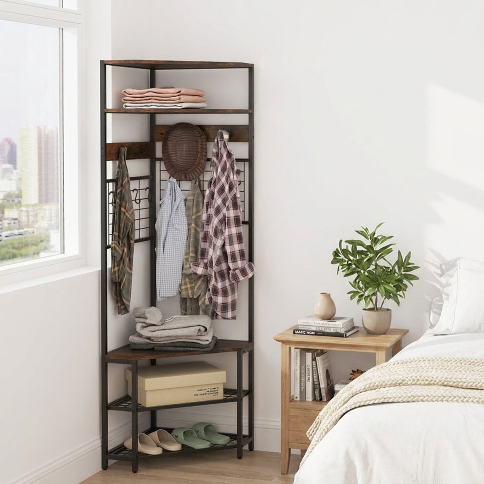 Furnibear 5 Tier Corner Hall Tree with Shoe Storage Bench and Coat Hooks for Entryway and Hallway and Bedroom, Rustic Brown