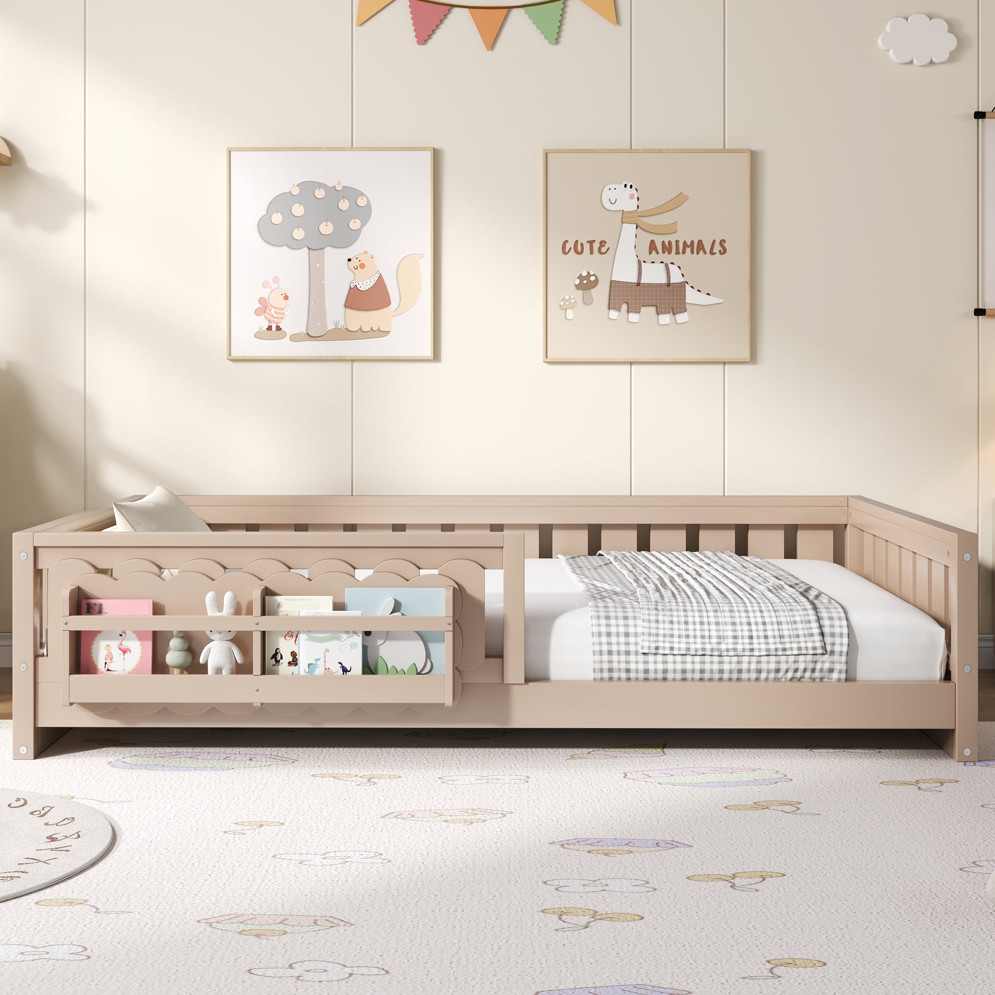 Euroco Wood Twin Size Platform Bed with Shelves, Floor Bed with Guardrails, Natural