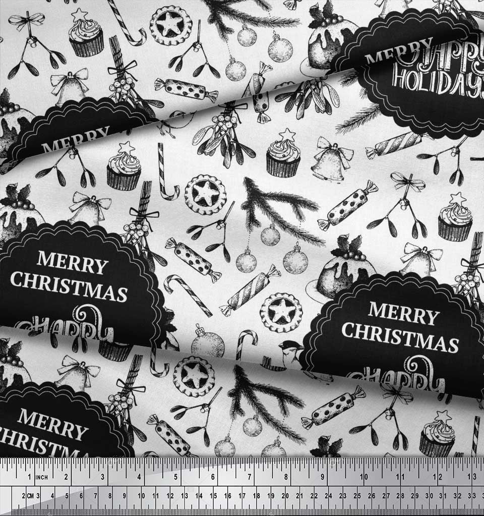 Soimoi Black Rayon Fabric Candies,Bell & Baubles Christmas Print Sewing Fabric Yard 42 Inch Wide