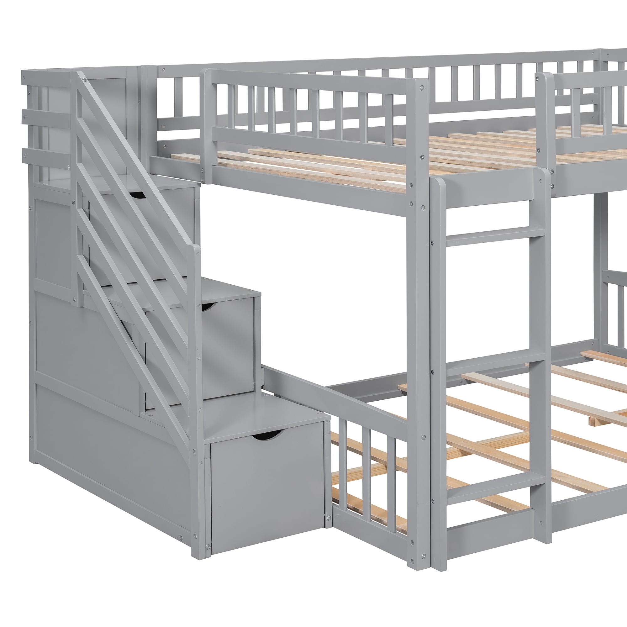 Mintazer Full Over Full Bunk Bed with Storage Staircase & Convertible Slide, Kids Bunk Bed Frame with Guardrails & Ladder, No Box Spring Needed, Gray