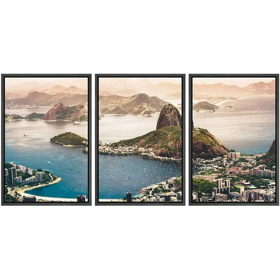 wall26 - 3 Piece Framed Canvas Wall Art - Sugarloaf Mountain Modern Home Art Stretched and Framed Ready to Hang - 24"x36"x3 Black