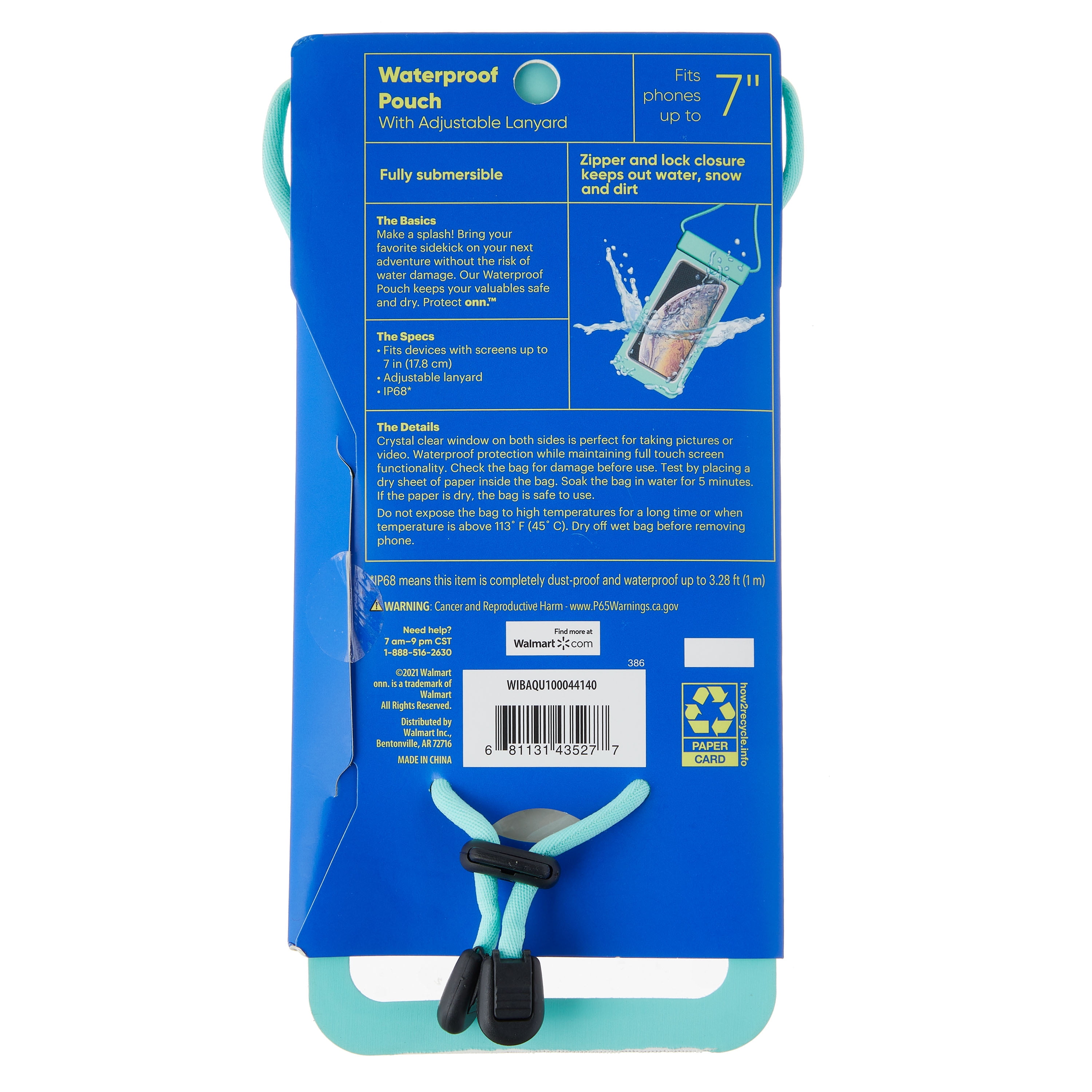 onn. Waterproof Phone Pouch with Adjustable Lanyard, Aqua