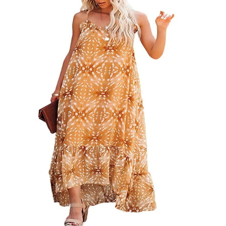 

HLONK Women‘s V Neck Floral Maxi Dress Boho Printed Spaghetti Strap Ethnic Beach Long Dress Black XL