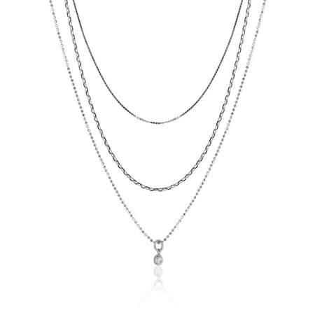 Brilliance Fine Jewelry Sterling Silver 3 Layer CZ Charm Necklace Set, 16"+2"; 18"+2"; 20"+2"