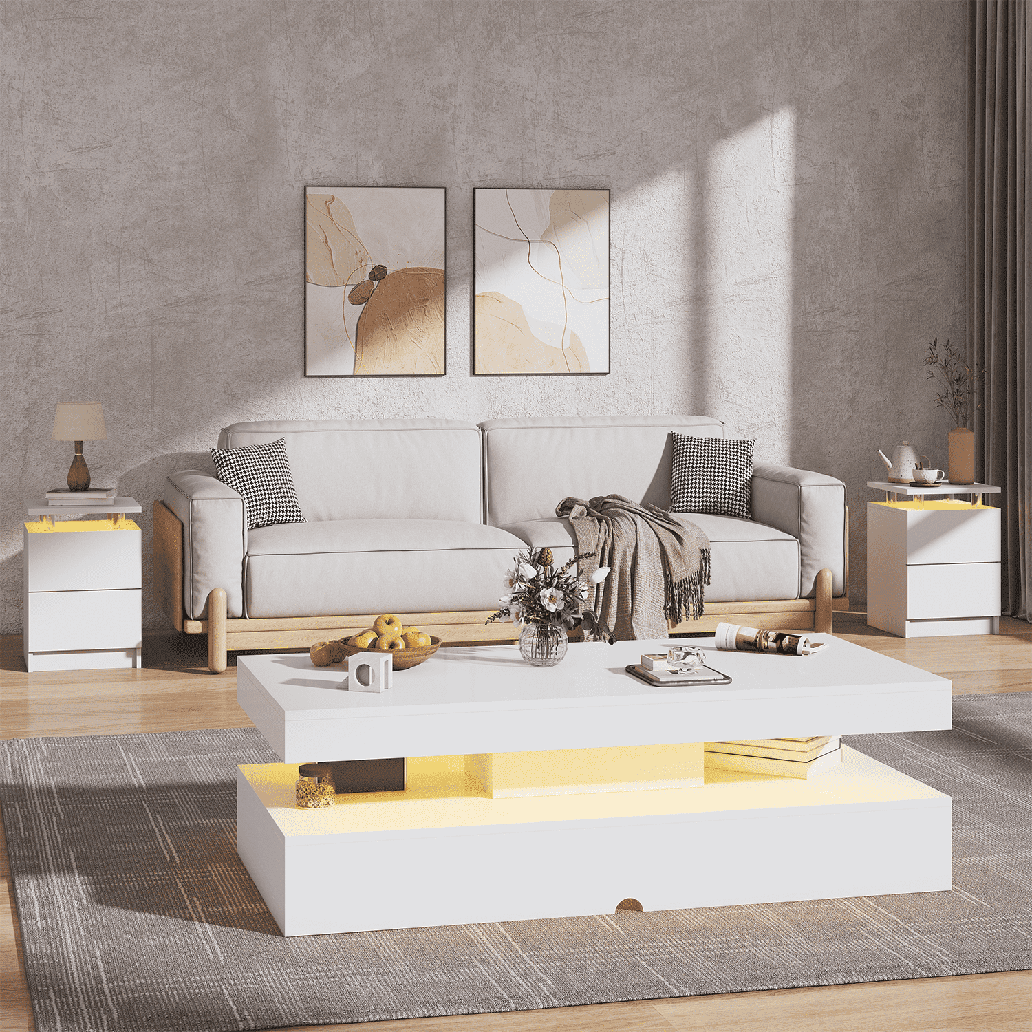 Sonegra 3-Piece Living Room Coffee Table Set, Including A Modern Coffee Table and 2 LED End Tables with Storage Drawers, White
