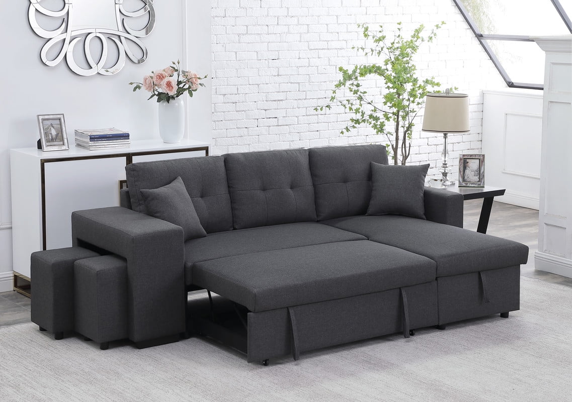 Dennis Dark Gray Linen Fabric Reversible Sleeper Sectional with Storage  Chaise and 2 Stools - Walmart.com