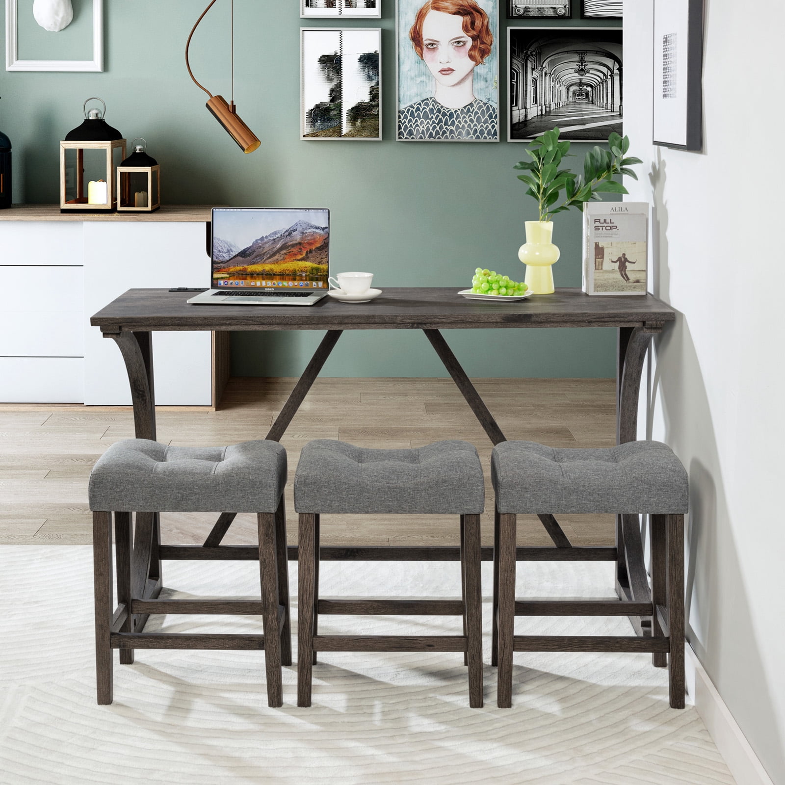 Aukfa 4-Piece Bar Table and Chairs Set with Power Outlet, Dining Table Set with Padded Stools for Living Room, Dining Room, Gray
