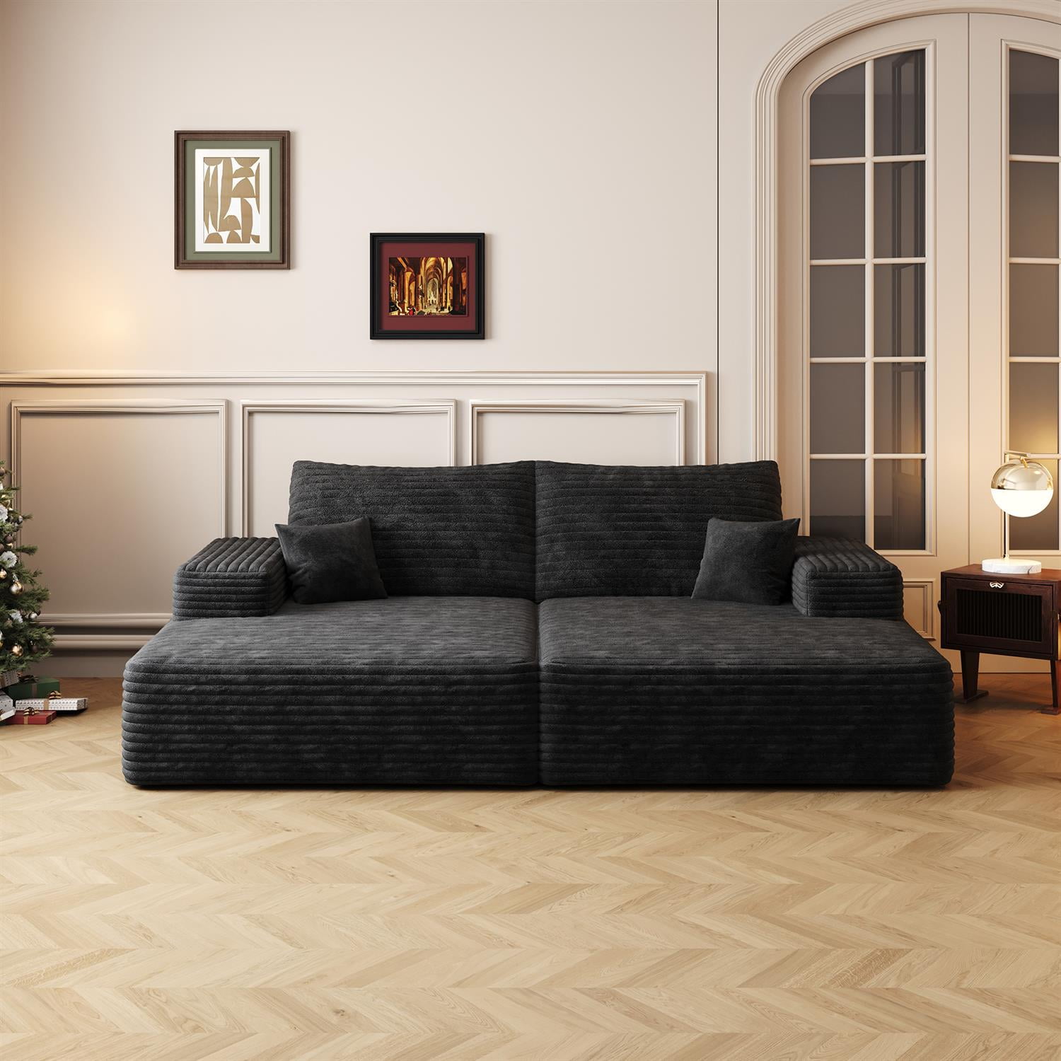 Demi Bonn 74.8" Modern Plush Corduroy Sofa Bed, Dual Sleeper & Lounger for Movie Room, No Assembly Needed, Black