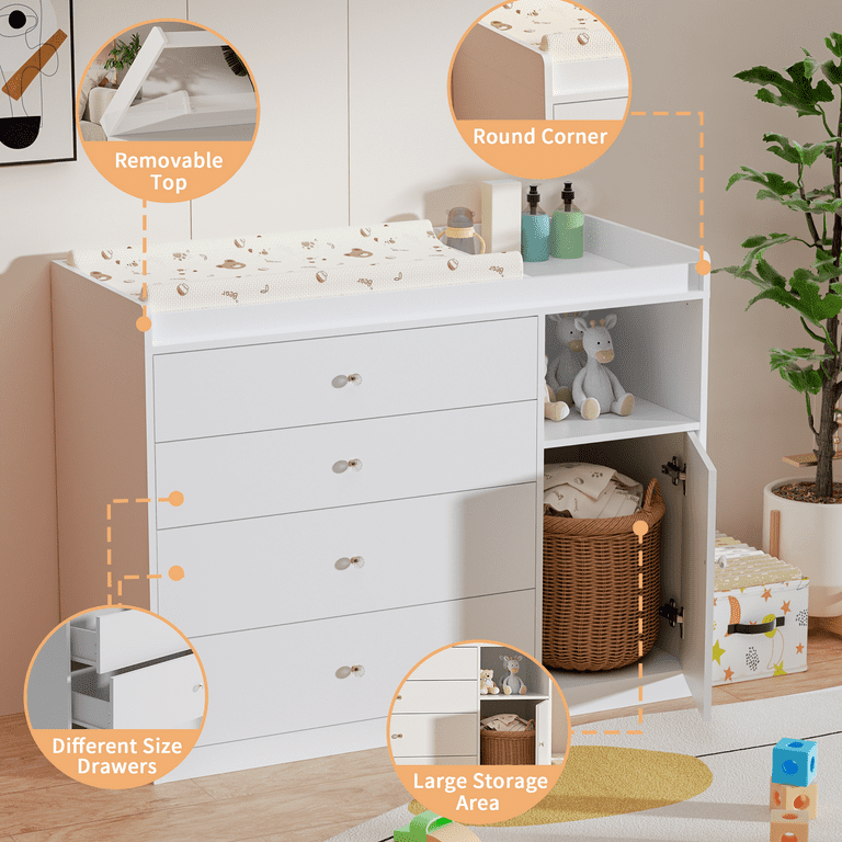 QUNTTINA 45.3'' Modern Solid Wood Changing Table Dresser with 4 Long Drawers and a Door, Baby Diaper Changing Tables,White - Walmart.com QUNTTINA 45.3'' Modern Solid Wood Changing Table Dresser with 4 Long Drawers and a Door, Baby Diaper Changing Tables,White - Walmart.com