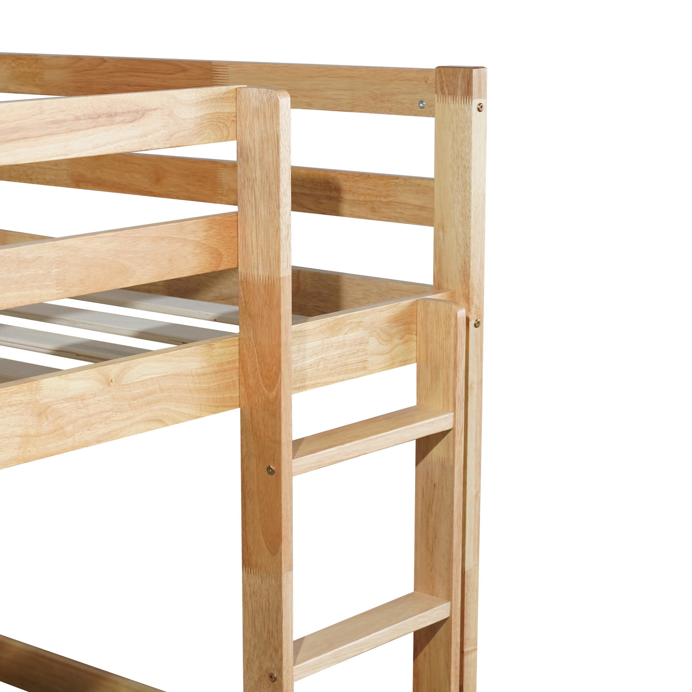 Noble House Jerome Twin Over Twin Floor Bunk Bed with Ladder, Solid Rubber Wood Frame with Strengthened Slats, Natural