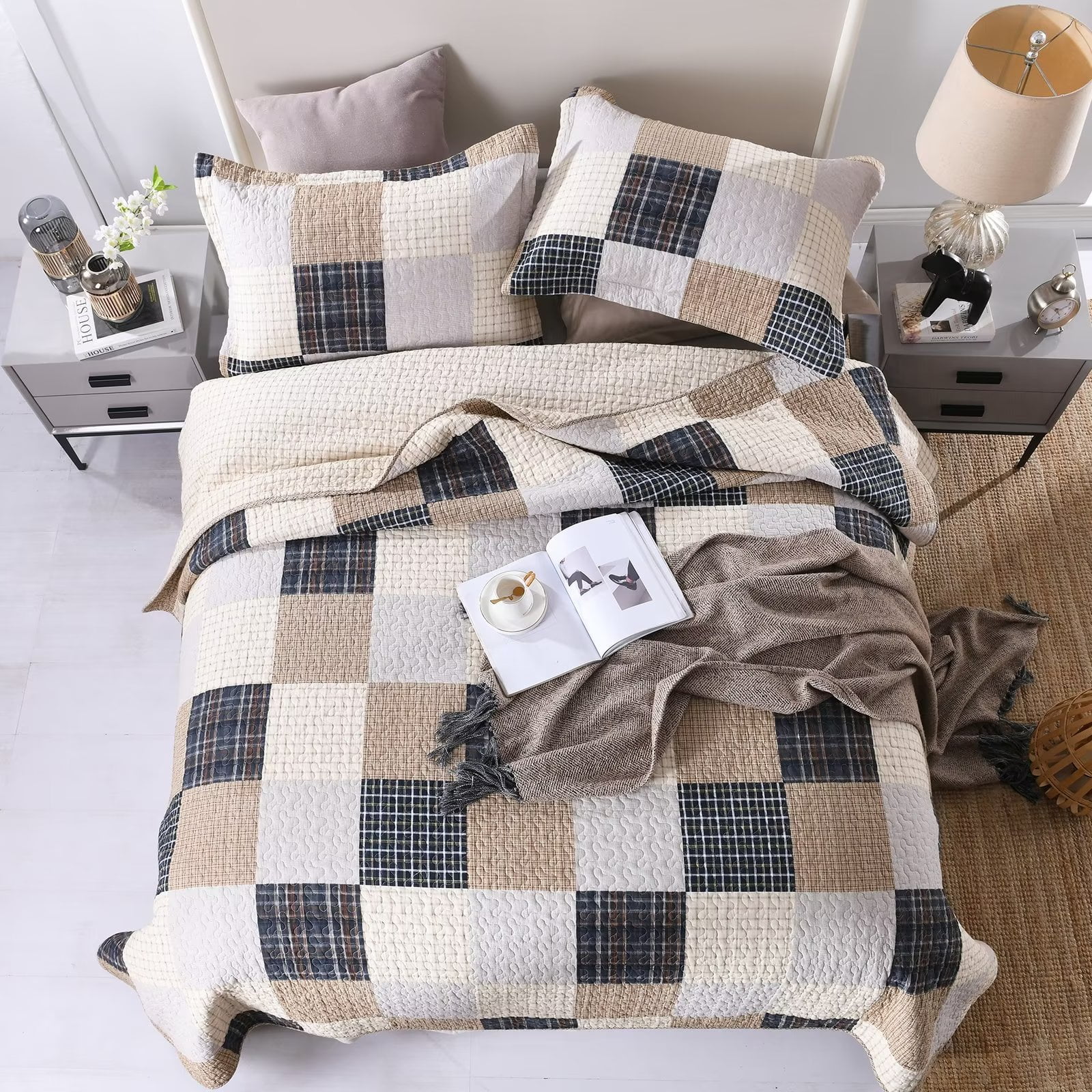 Bedduvit Cotton Quilt King Size - 3 Piece 100% Cotton Lightweight Soft Brown Black Beige King Quilt Set with 2 Pillow Shams, Reversible Patchwork Plaid Bedspread/Coverlet/Bedding Set for All Seasons