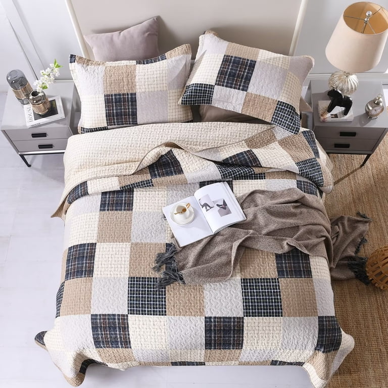 Quilta Farmhouse Plaid Queen Quilt Set - 100% Cotton, Lightweight & All-Season Bedding In Brown/Black | 3-Piece Country Style