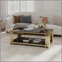 48” Glam Gold Stainless Steel Coffee Table with Double Tempered Glass Shelves - Easy Clean Living Room Center Table by Woker Furniture