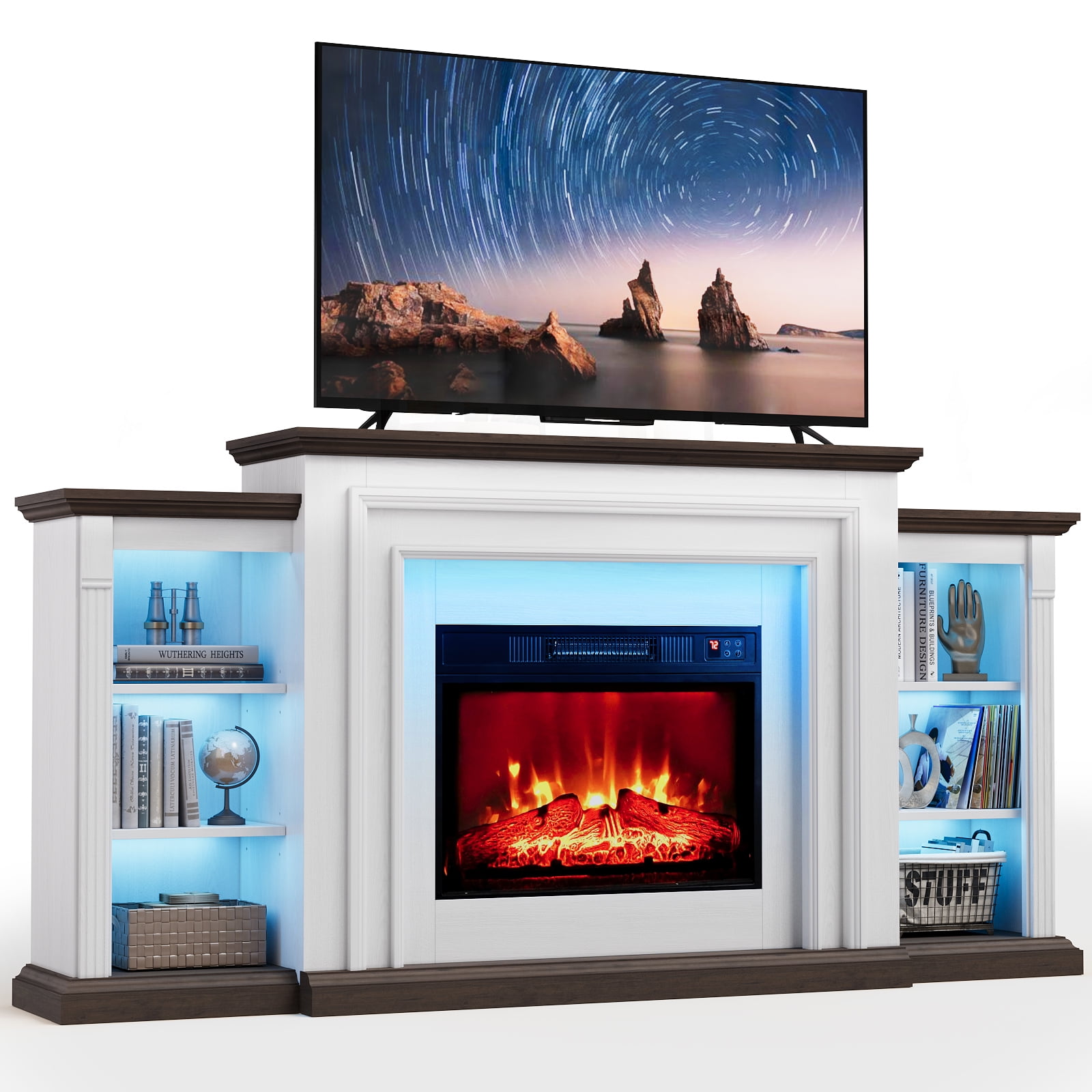 72" LED Electric Fireplace with Mantel, Fireplace TV Stand for 80 Inch TV, Modern Entertainment Center with Storage, Delicate Three-Dimensional Molding with Remote Control for Living Room