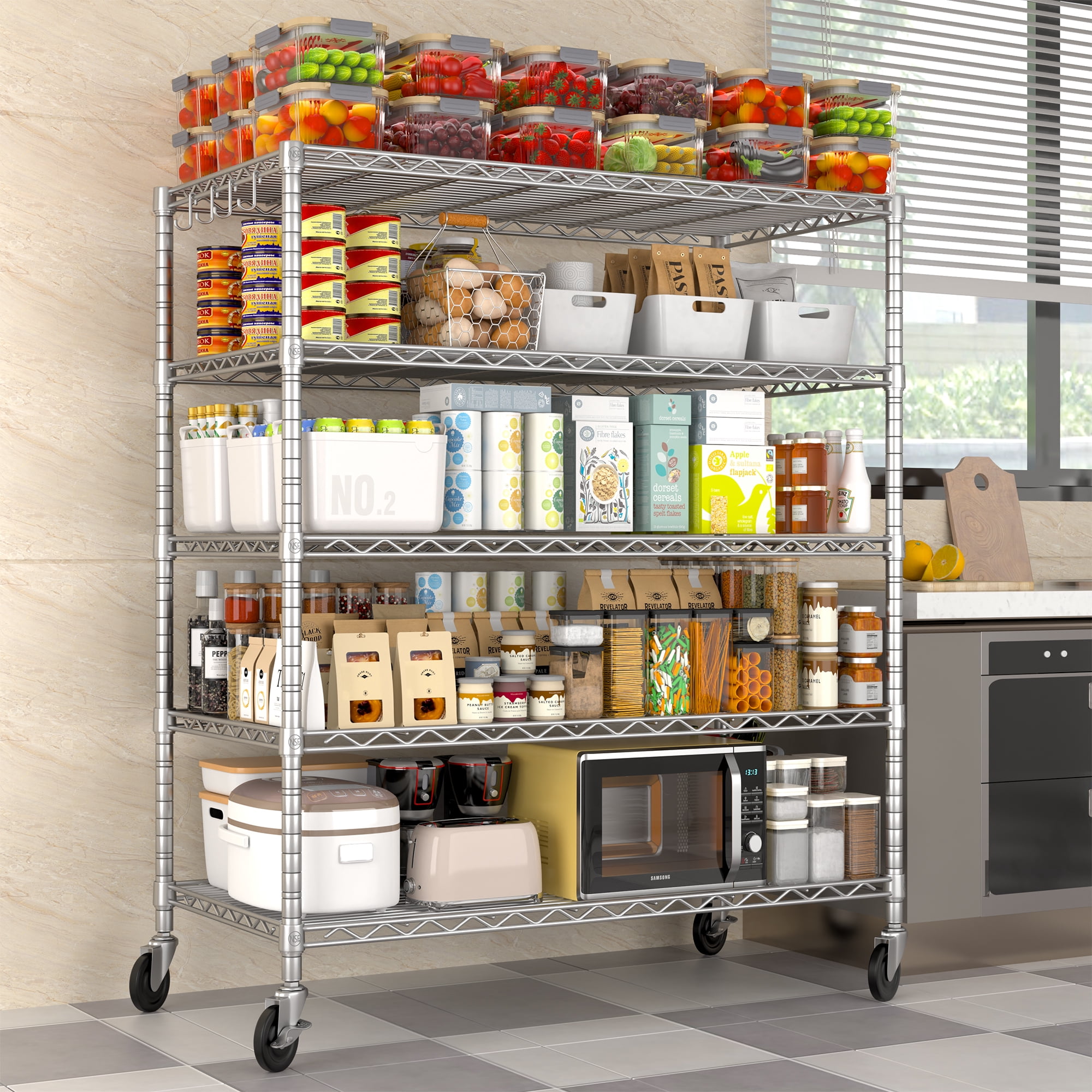 Prilinex 5-Tier Storage Shelves with Wheels 81"H x 48"W x 24"D Adjustable Wire Shelving, Wire Rack for Kitchen Pantry, Garage Shelving Unit Capacity 3000LBS, Chrome