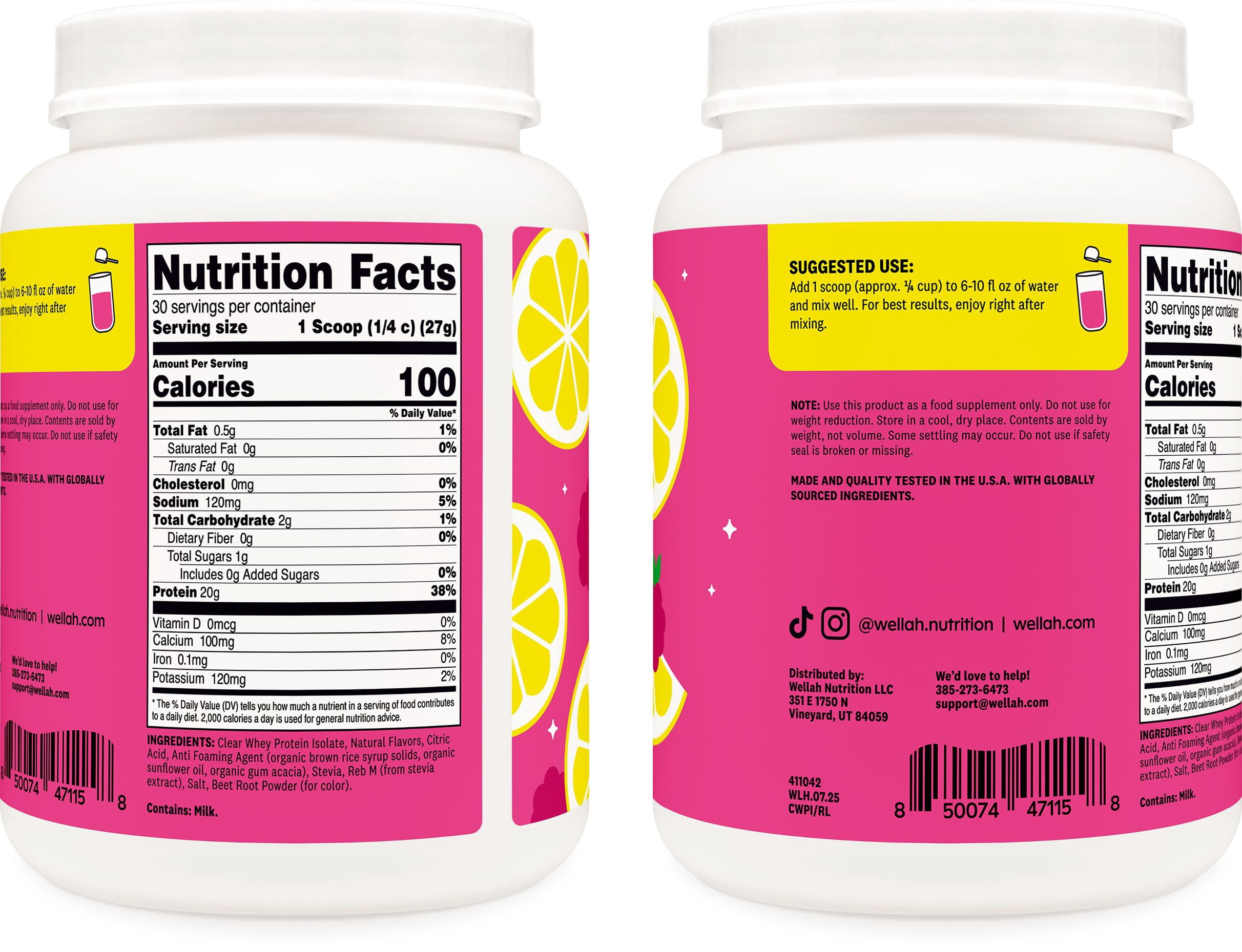 Wellah Clear Whey Protein Isolate Powder (Raspberry Lemonade) 30 Servings - 20g of Protein, 100 Calories, Sweetened with Stevia