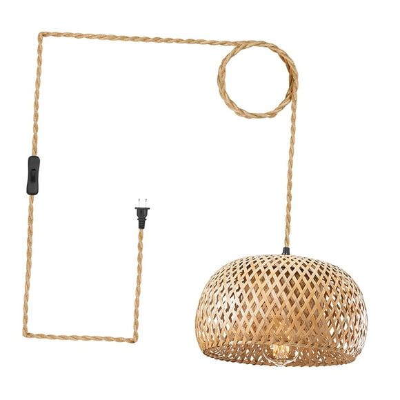 Pendant Light with Plug in Cord Bamboo Woven Lampshade Ceiling Light Fixture