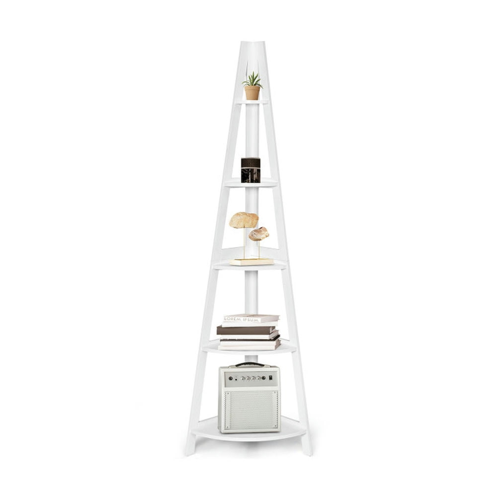 Demi Bonn 5-Tier Modern Corner Bookshelf, Bookcase Shelf with Strong Wooden Frame, Wall-Leaning Display Storage Stand Rack, White