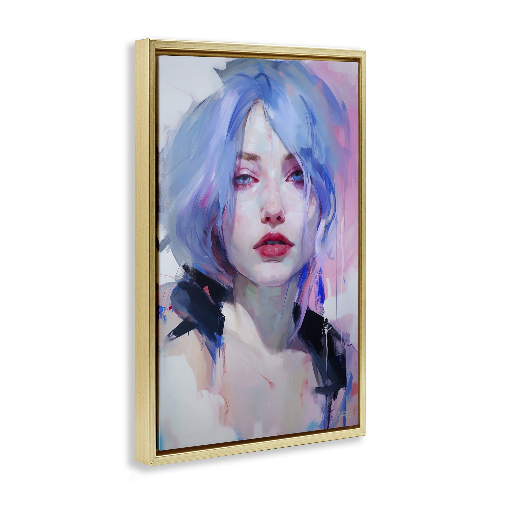 Stupell Industries Blue Haired Woman Visage Novelty Painting Gold Floater Framed Art Print Wall Art, 21 x 31