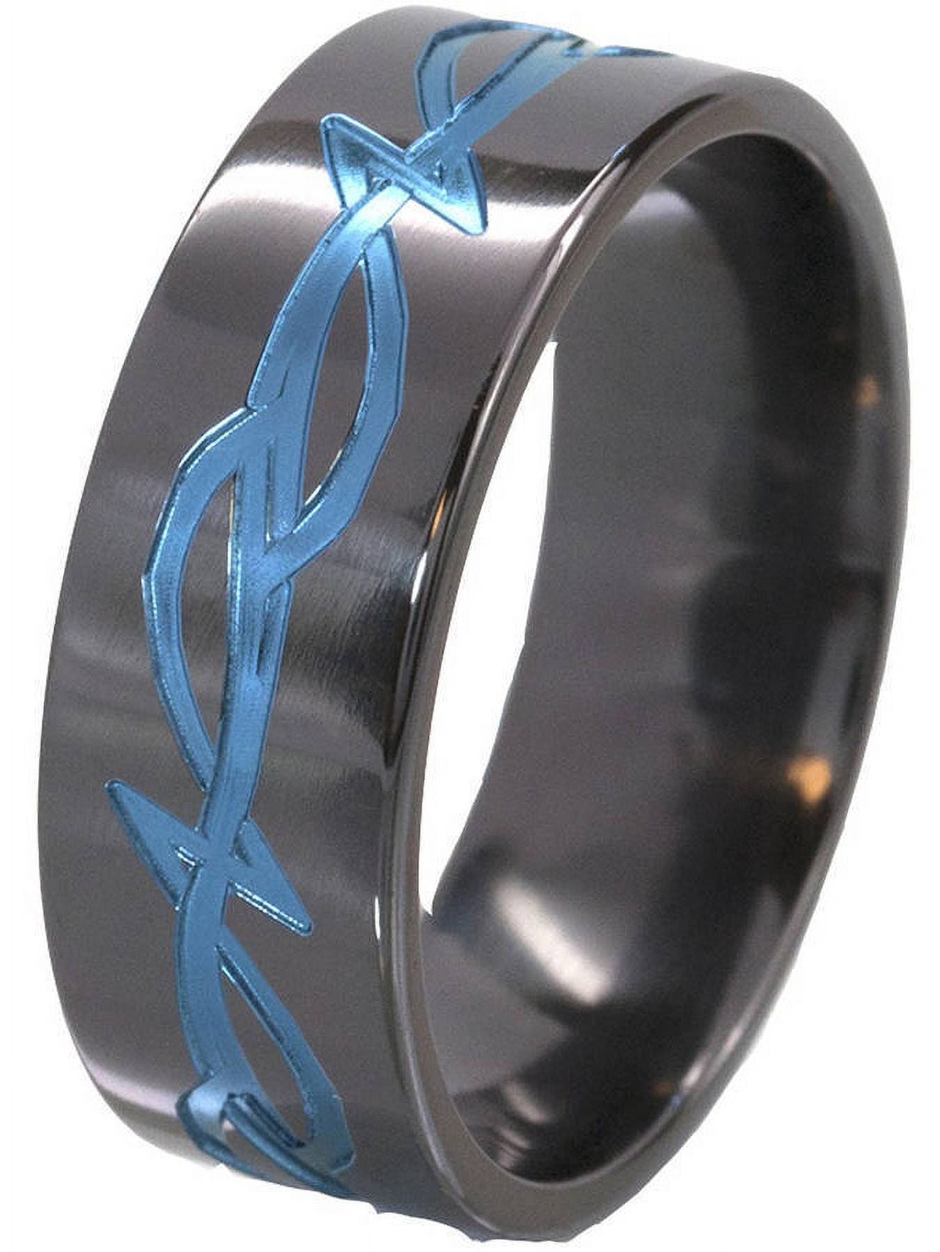 8mm Flat Black Zirconium Ring a Tribal Design Anodized in Blue