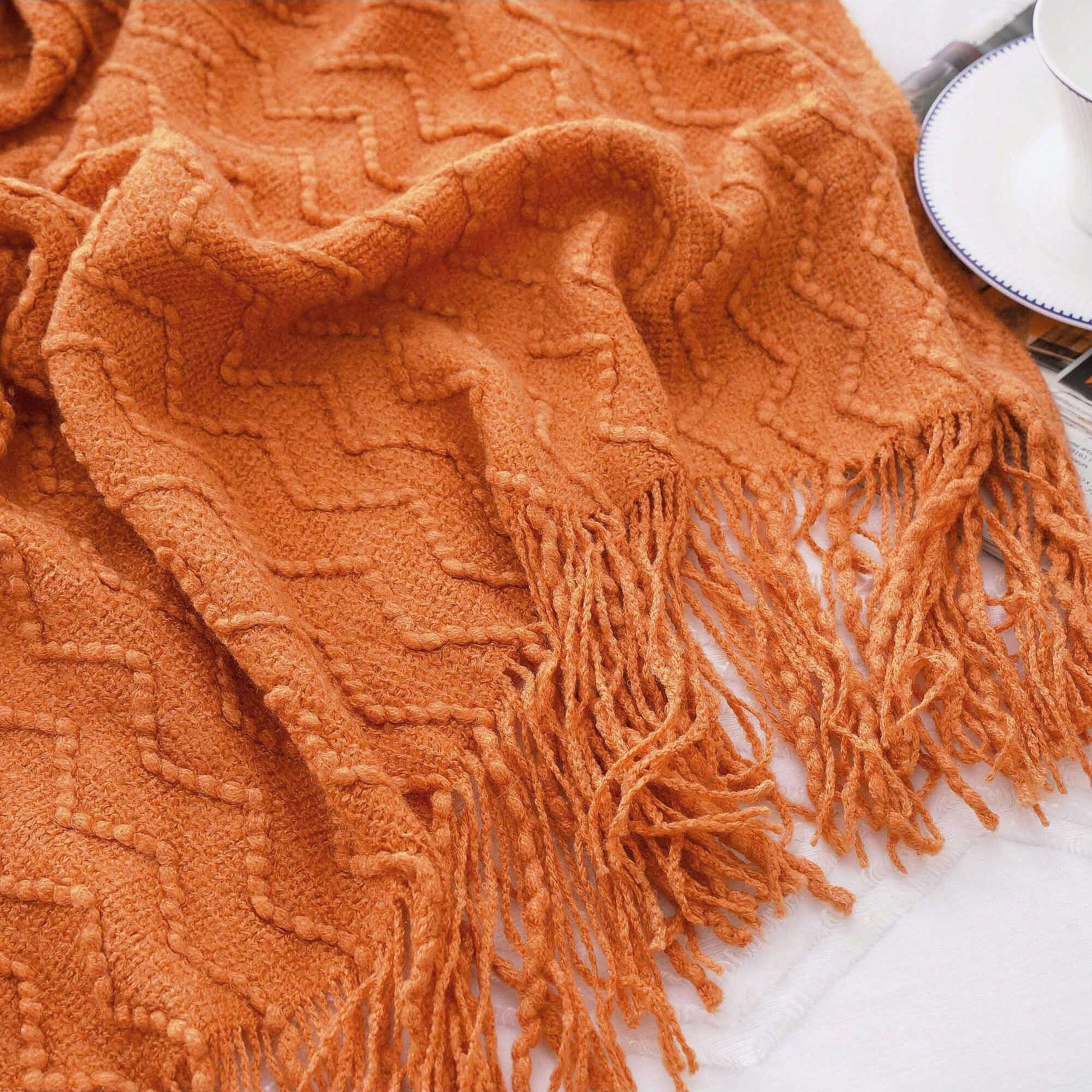 Battilo Burnt Orange Throw Blanket for Couch Bed,Fall Throws with Tassels,Halloween Blanket,50"x60"
