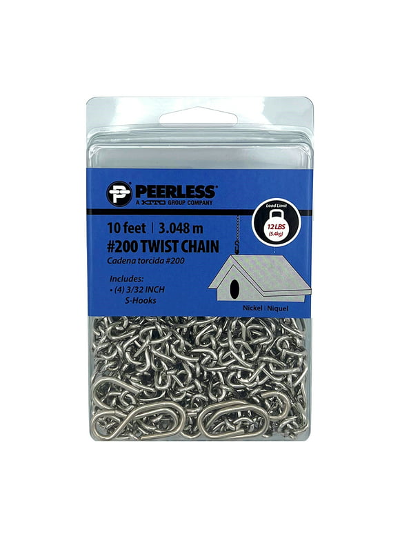 #200 Twist Chain with 4 S-Hooks, 10 feet, Peerless Chain Company #4840510, Nickel finish