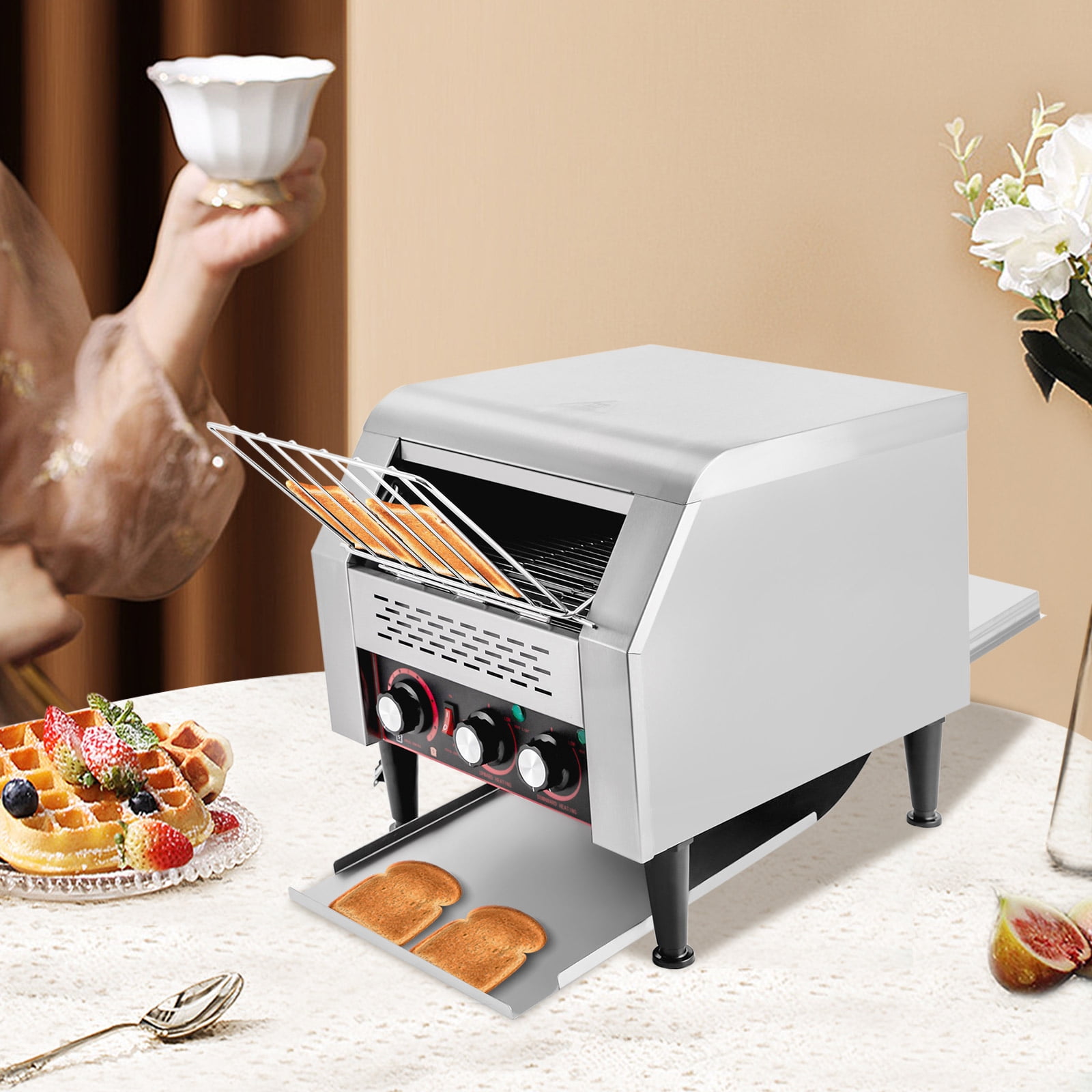 High-Power Conveyor Toaster with 2200W, Dual Heating Options, Adjustable Temperature Control, and Stainless Steel Construction – 300 Slices Per Hour, Easy Operation and Cleaning