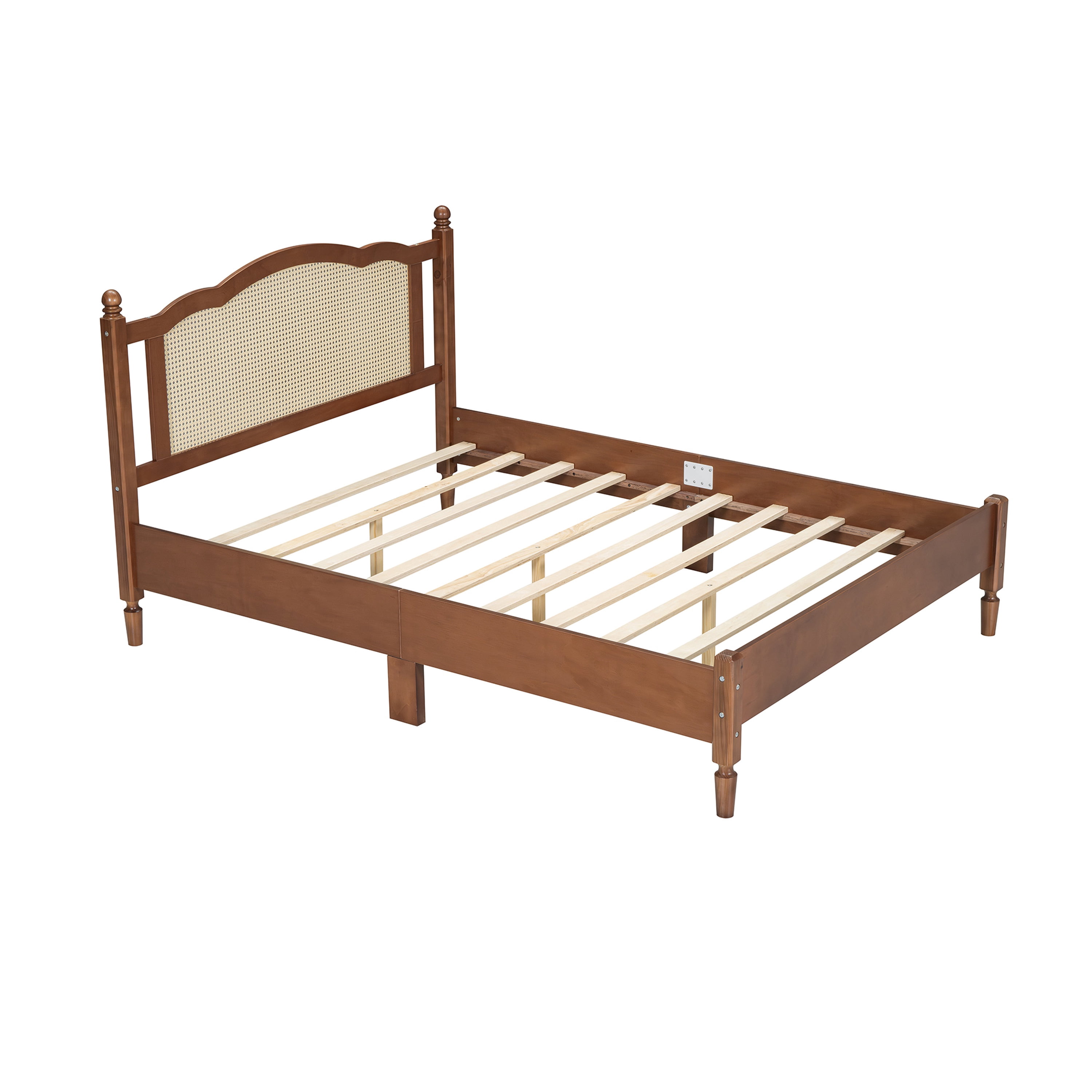 SESSLIFE Platform Bed Frame, Wood Modern Queen Size Bed with Natural Rattan Headboard, Vintage Queen Bed Frame with Slat Support, No Box Spring Needed, Walnut