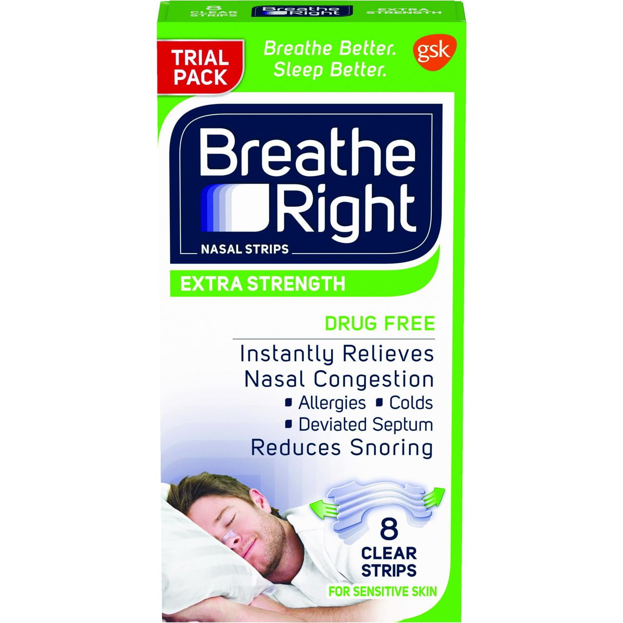 Breathe Right Nasal Strips to Stop Snoring, Drug-Free, Extra Clear, 8 count TRIAL SIZE