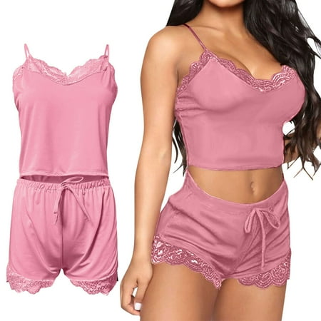Women Intimates Accessories Womens Pajama Sets Soft Lace Trim Lingerie Sleepwear 2 Piece Shorts Set Neck Pj Nightwear Bridal Gifts Pink Women s Bra & Brief Sets M