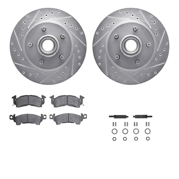 Dynamic Friction Company Front Brake Rotors-Drilled and Slotted-Silver with 5000 Advanced Brake Pads includes Hardware 7512-47104