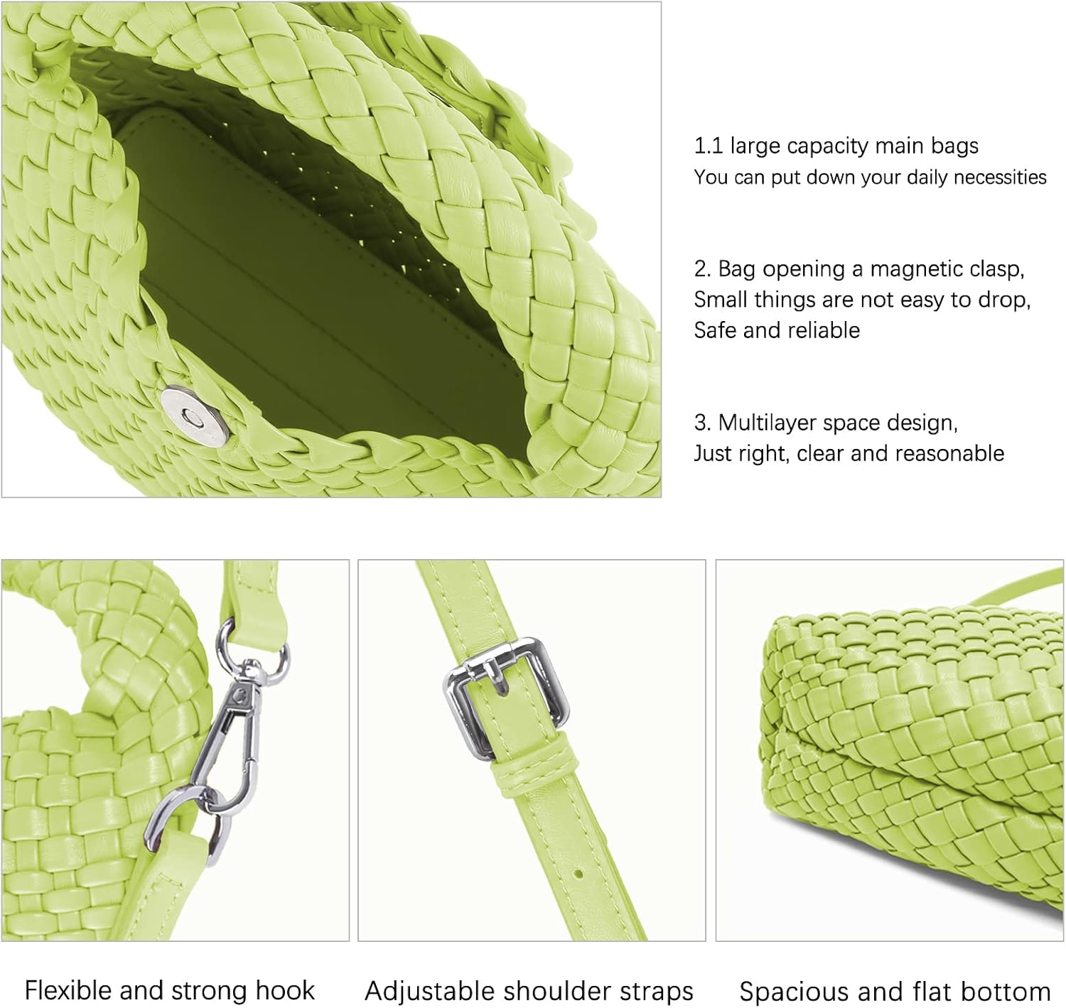 HMSHA Women Woven Tote Small Crossbody Bag, Weave Quilted Purse Square Shoulder Bag Woven Handbag with Detachable Strap
