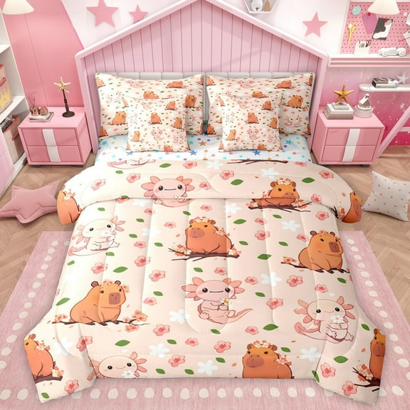 Homewish Cartoon Animal Cypabara 7-Piece Twin Bedding Sets,Cute Axolotl Bedding Comforter Set,Pink Cherry Blossom Sheet Sets For Girs Teens,Breathable Home Decor Reversible