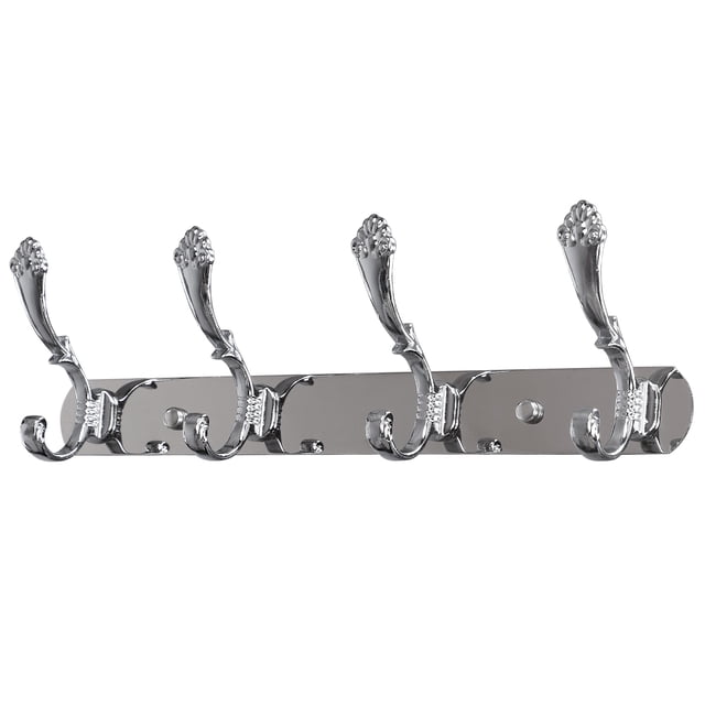 Unique Bargains 13.6' Dual 4 Hooks Coat Rack with silver-tone plating finish, featuring zinc alloy and stainless steel construction. This wall-mounted rack includes four double hooks with elegant scrolled tips and a bamboo base, designed for hanging coats, towels, handbags, and more. Suitable for bathrooms, bedrooms, kitchens, and offices.