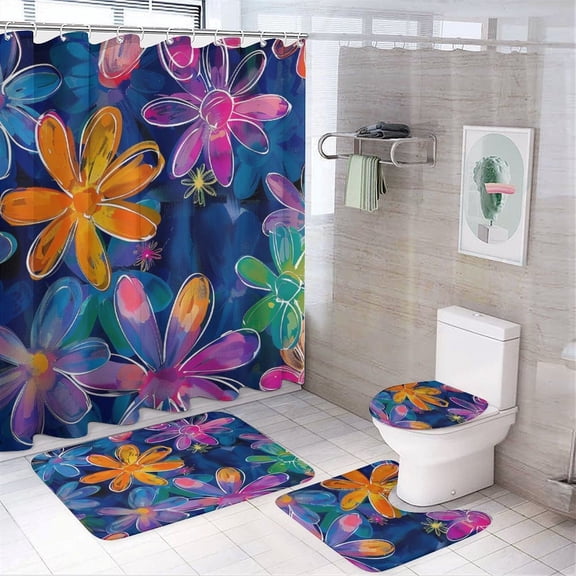 Colorful Flowers Shower Curtain 4 Piece Set Non-Slip Rugs And Toilet Mat Lid Rug Accessories Vintage Flower Waterproof Shower Curtain for Bathtub Decor