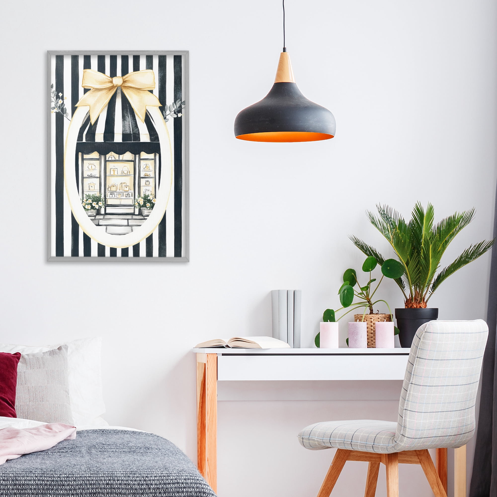 Stupell Industries Maison Striped Boutique Window Gray Framed Giclee Art, design by Petal Prints Design