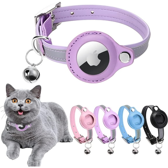 Airtag Cat Collar, Cat Collar with Bells, Reflective GPS Cat Collar, Anti-Lost Cat Tracker Collar Adjustable Leather Cat Collar for Boy Girl Cats or Small Dogs, Kittens and Puppies (S, Purple)