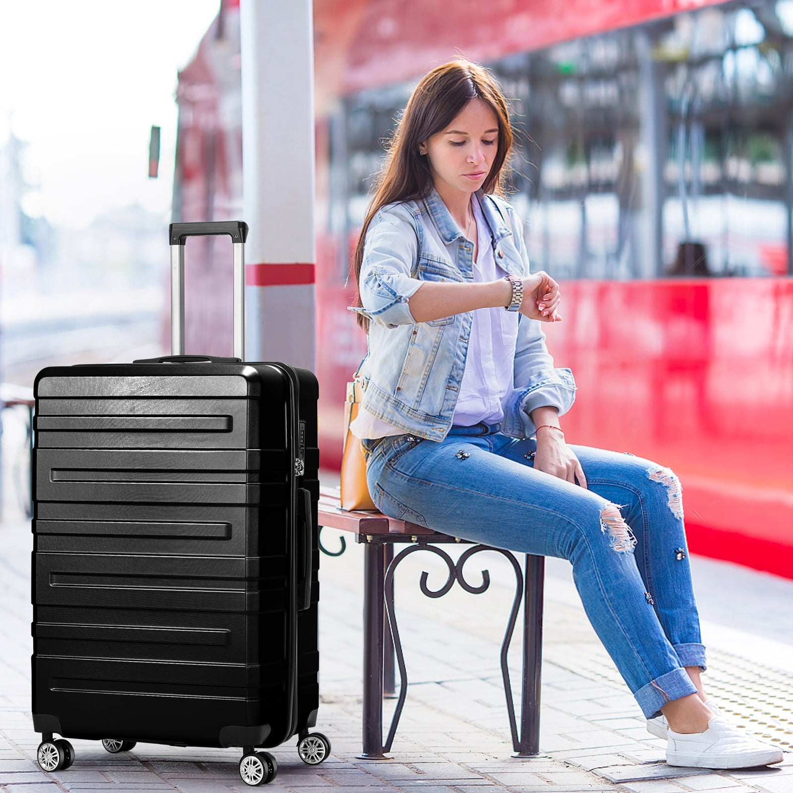 Luggage Sets Hardside Spinner with TSA Lock in Black, 3 Piece