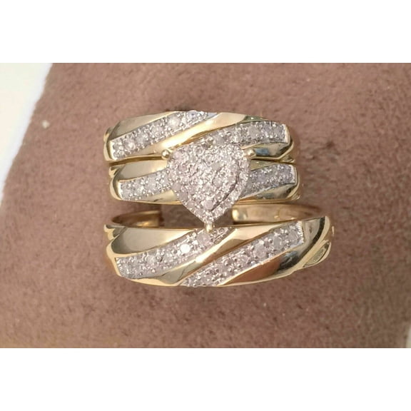 His Her Heart Round Cut Diamond 14K Yellow Gold Plated Wedding Bridal Trio Ring Set -8